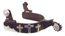 Antique brown color spur with three decorative crosses. German silver accents also on buttons, bands, and rowel covers.