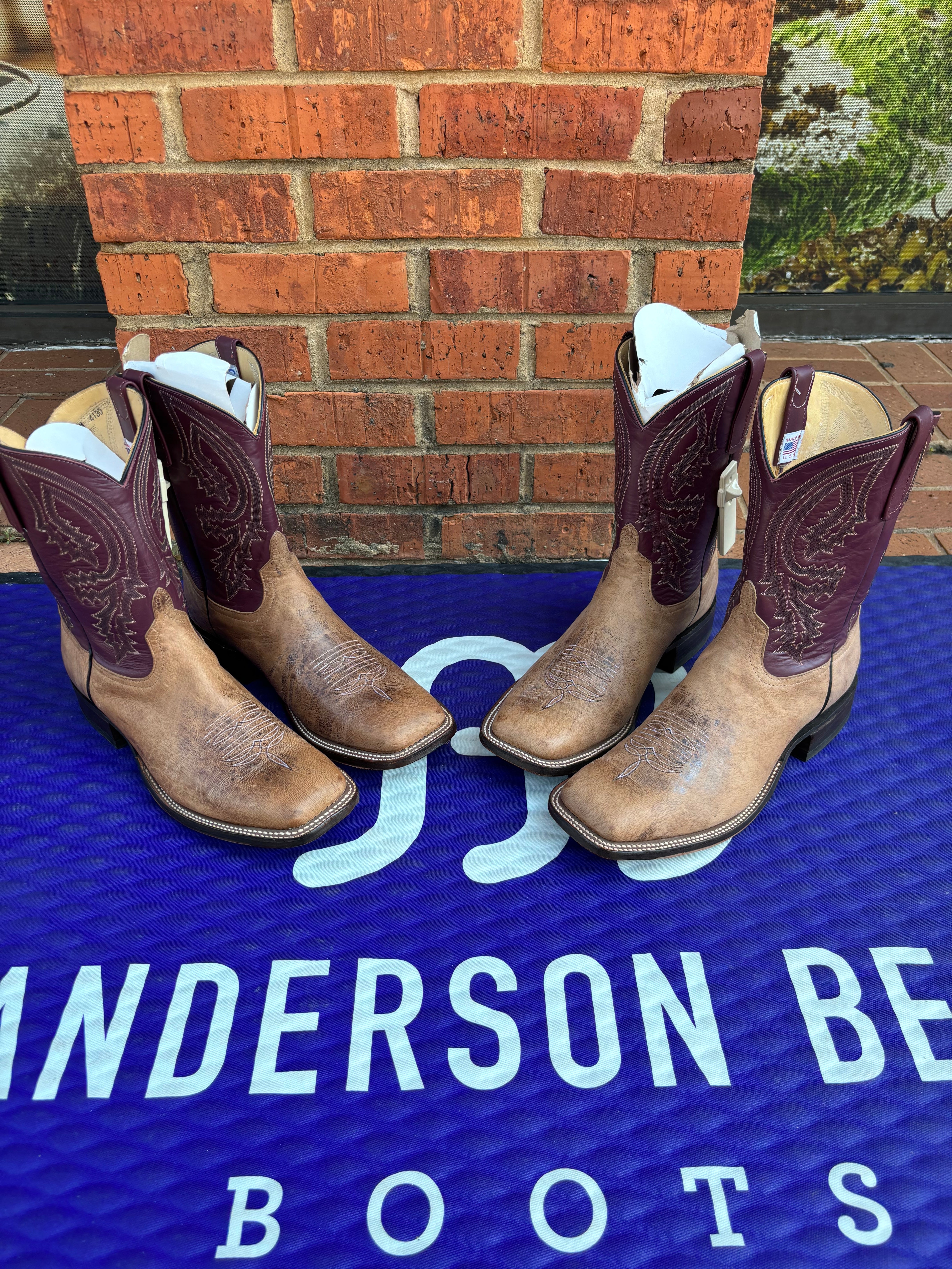 Men's Anderson Bean square toe Mad Cat Goat boots with a Glove Burgundy shaft. 