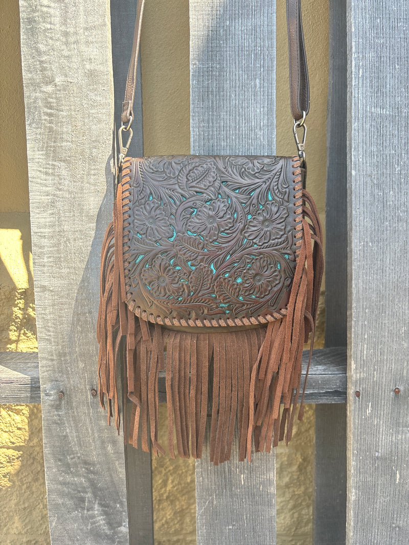 Top Notch Accessories 3002CF/TQ Coffee Tooled Leather Turquoise Inlay Crossbody Purse