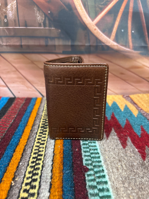 This Coffee Brown leather trifold wallet has a border design around the entire wallet. Front view