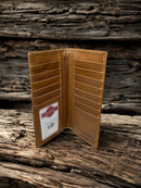 This Coffee Brown Leather tall wallet features a Lab Concho. Inside view showing multiple card slots and a ID window. 