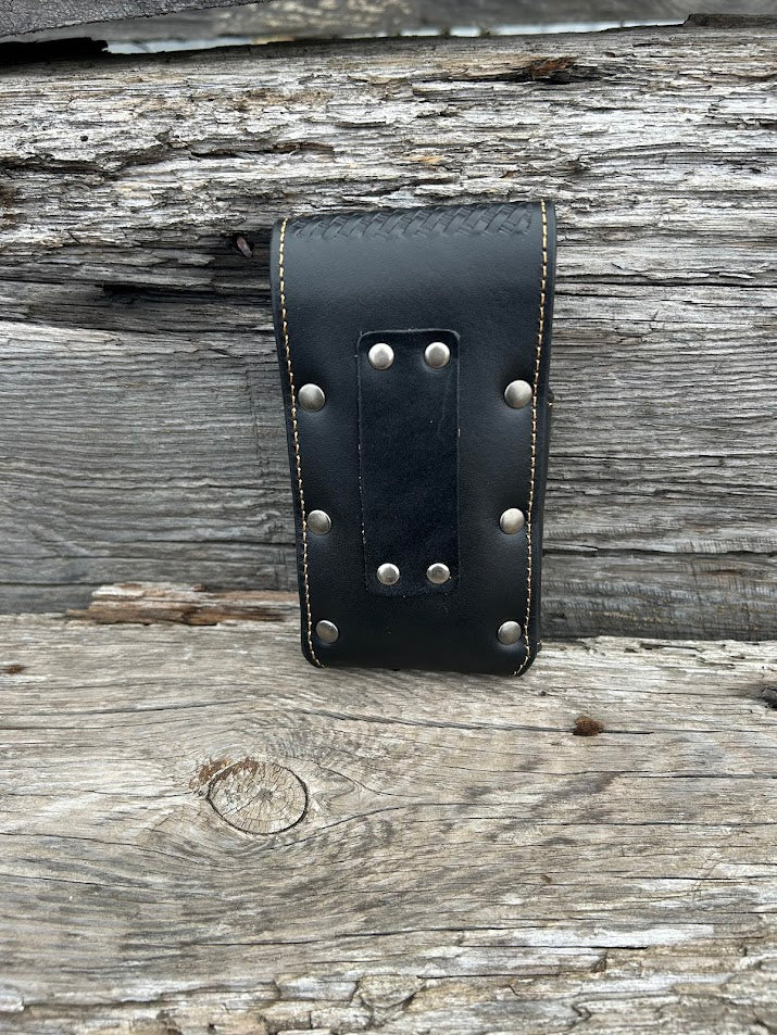 Black basketweave leather phone case with leather belt attachment. Rear View