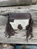 Coffee Brown embossed leather and cowhide crossbody bag with fringe sides. Front View F