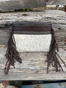 Coffee Brown embossed leather and cowhide crossbody bag with fringe sides. Front View B