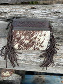 Coffee Brown embossed leather and cowhide crossbody bag with fringe sides. Front View C