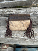 Coffee Brown embossed leather and cowhide crossbody bag with fringe sides. Front View D
