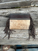 Coffee Brown embossed leather and cowhide crossbody bag with fringe sides. Front View E