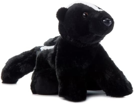 A plush toy resembling a skunk with a long tail and a white stripe, primarily black in color. Angled front view.
