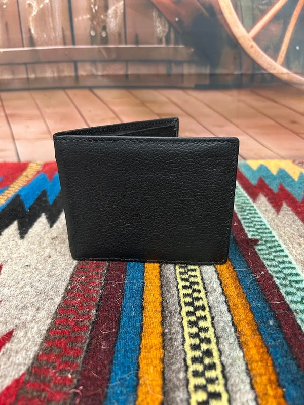 Black leather bifold wallet from Top Notch Accessories. Front View