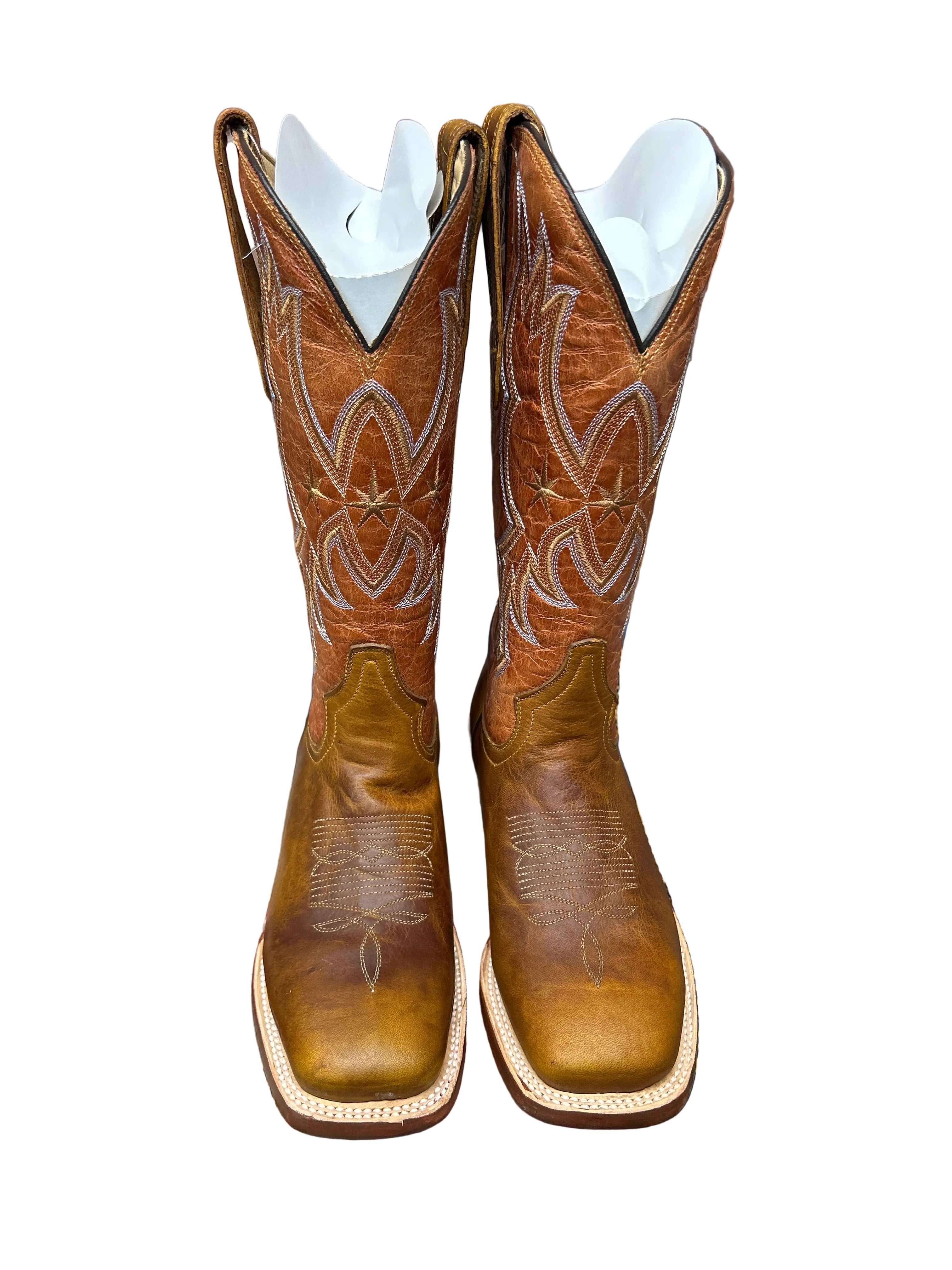Brown leather square toe boots with a 12 inch shaft from Cowtown. Front view showing embroidery detailing on shaft and toe bug. 