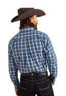 Men's Ariat long sleeve Blue Plaid shirt. Rear view showing shirt tucked in. 