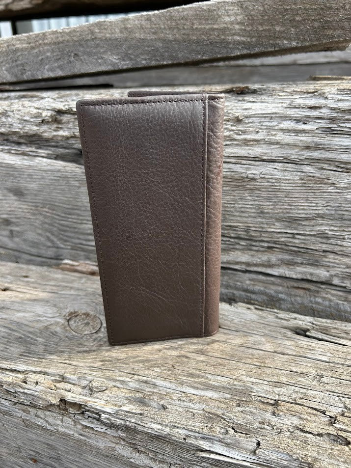 Coffee Brown basketweave leather checkbook wallet with cowhide inlay and Bull Rider Concho. Rear View