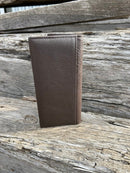 Coffee Brown basketweave leather checkbook wallet with cowhide inlay and Bull Rider Concho. Rear View