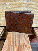 Coffee Brown full quill ostrich print leather bifold wallet. Front View