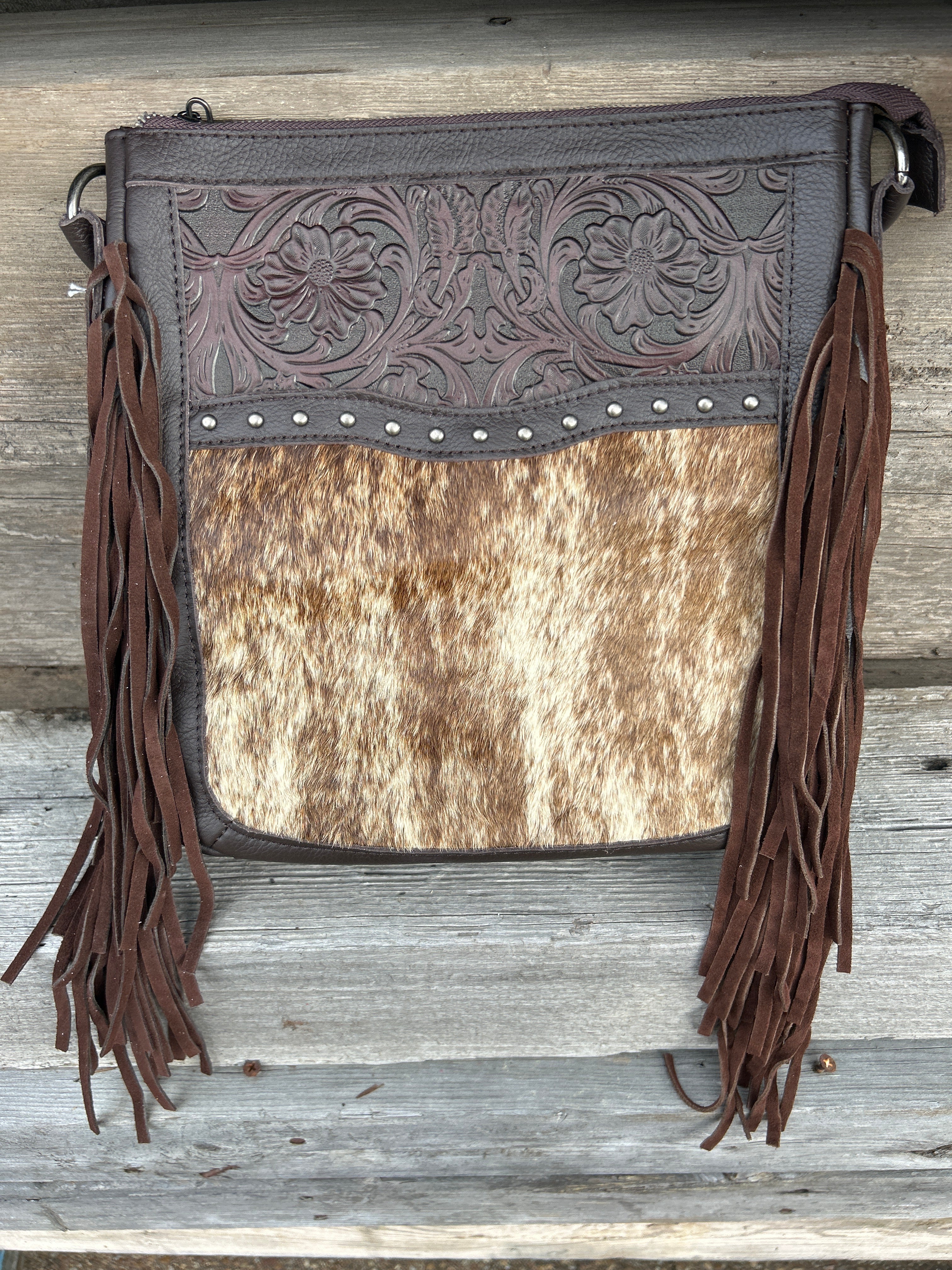 Top Notch Accessories Lisa Cowhide Conceal Carry Purse with Coffee Brown Leather Fringe