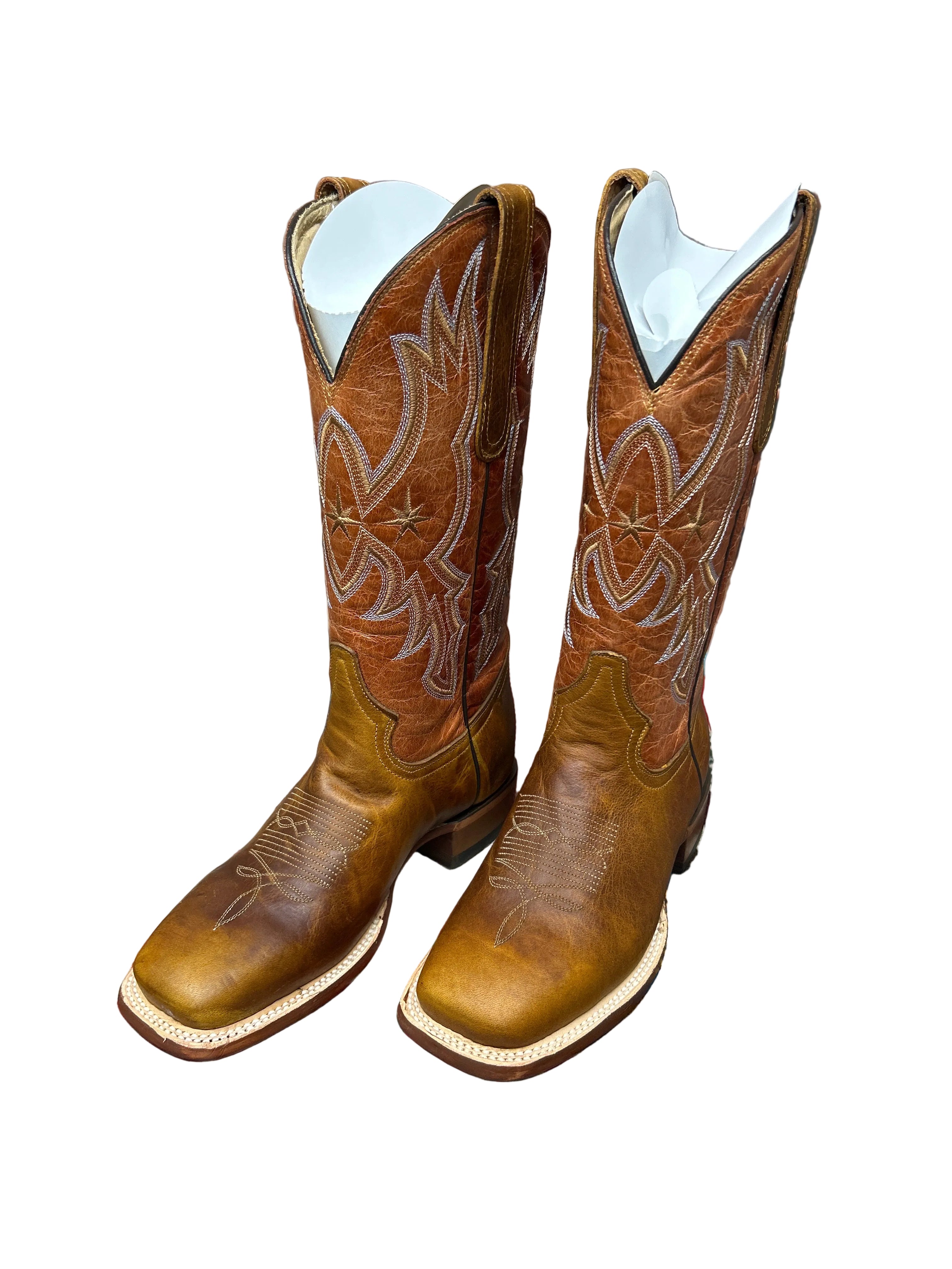 Brown leather square toe boots with a 12 inch shaft from Cowtown. Profile view of the pair. 
