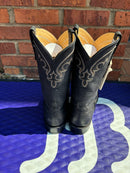 Men's Anderson Bean black tag goat skin boots with wide square toes. Rear View showing detailed stich pattern on vamp. 
