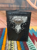 Black alligator print leather trifold wallet with a cowhide inset featuring a Rooster Concho. Front view 