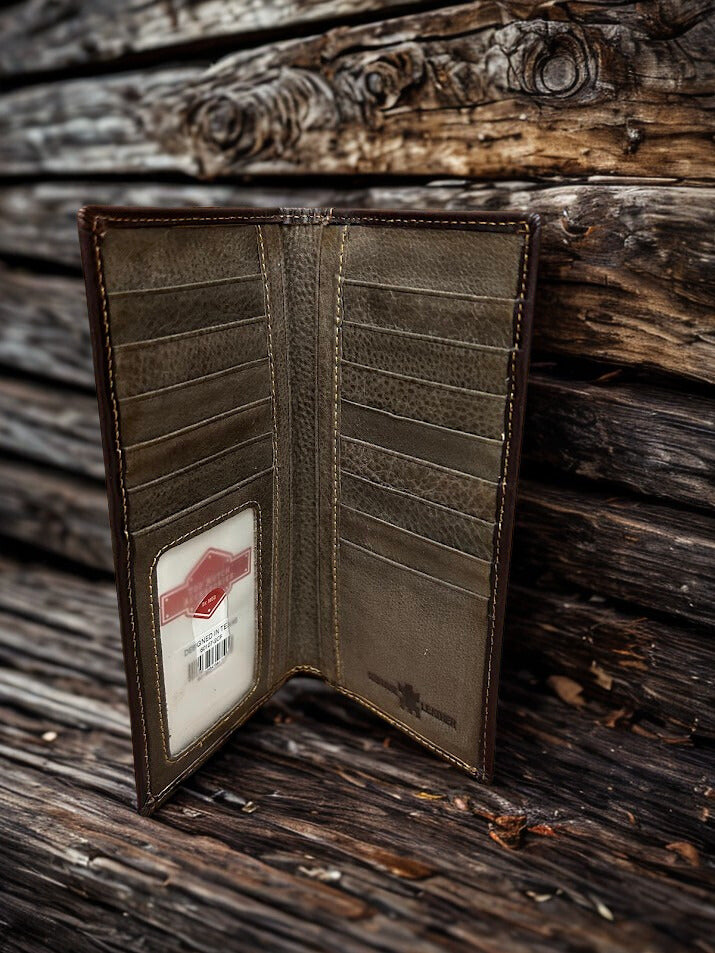 Coffee Brown tooled leather tall wallet with Turquoise inlay. Inside view showing multiple card and bill slots. 