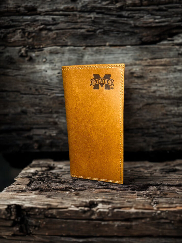Zep-Pro Mississippi State Tan Leather Tall Wallet with the "M State" logo embossed in top right corner. Front view