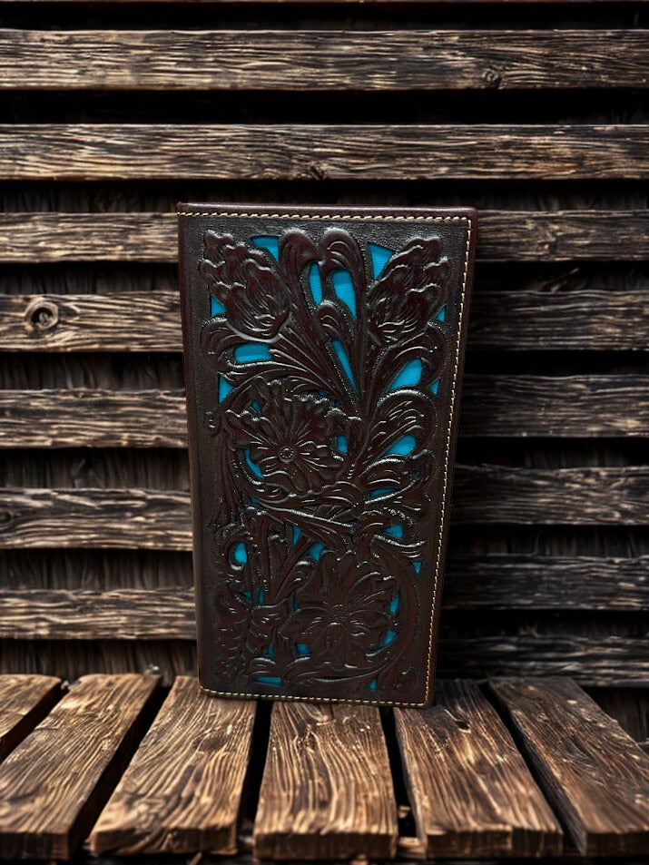 Coffee Brown tooled leather tall wallet with Turquoise inlay. Front View