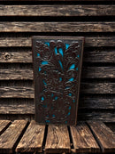 Coffee Brown tooled leather tall wallet with Turquoise inlay. Front View