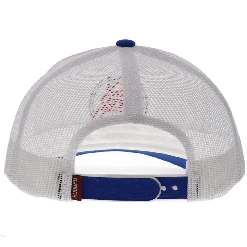 Hooey "Roughy" logo red, white, and blue rope cap. Rear view showing adjustable strap.