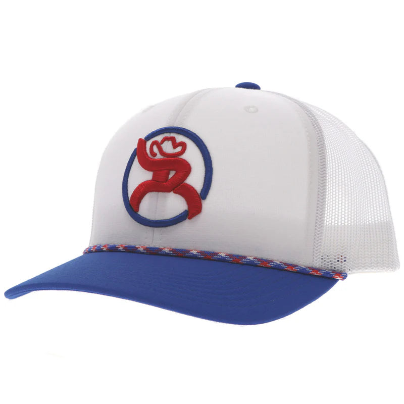 Hooey "Roughy" logo red, white, and blue rope cap. Front View