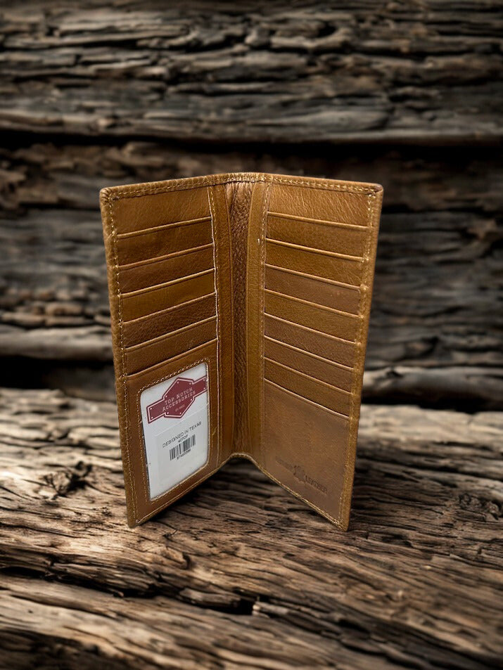 This Coffee Brown Leather tall wallet features a Lab Concho. Inside view showing multiple card slots and a ID window. 