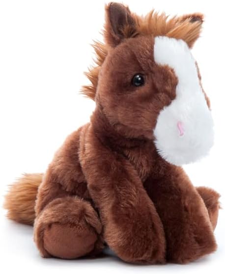 A plush toy resembling a brown horse with a white marking on the face, featuring a soft and realistic design.