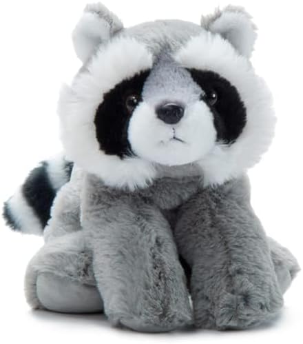 A plush toy raccoon with a striped tail, blacked-out eyes, a sneaky smile, pointy ears, and a grey soft body. Front view.