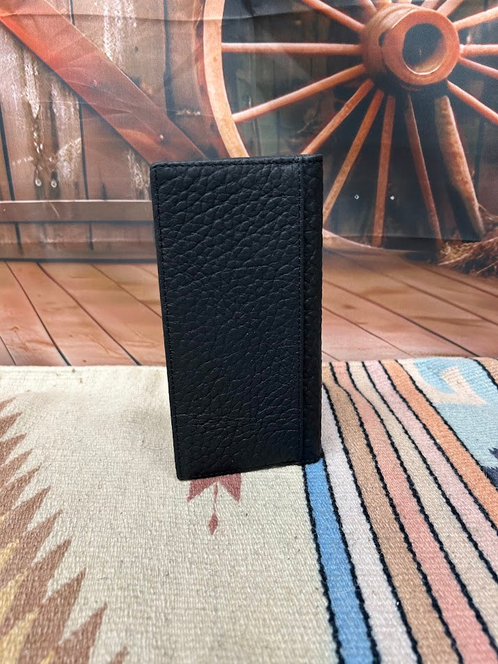 Black pebbled leather tall wallet. Rear view