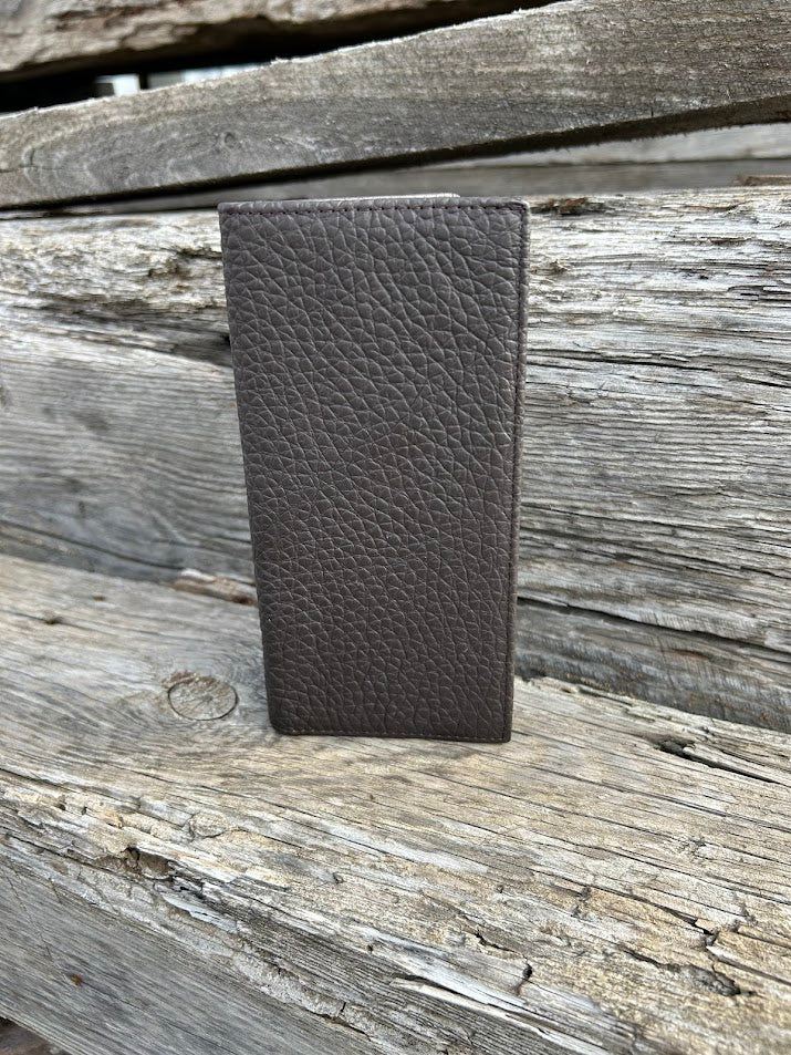 Coffee Brown pebbled leather tall wallet. Front View