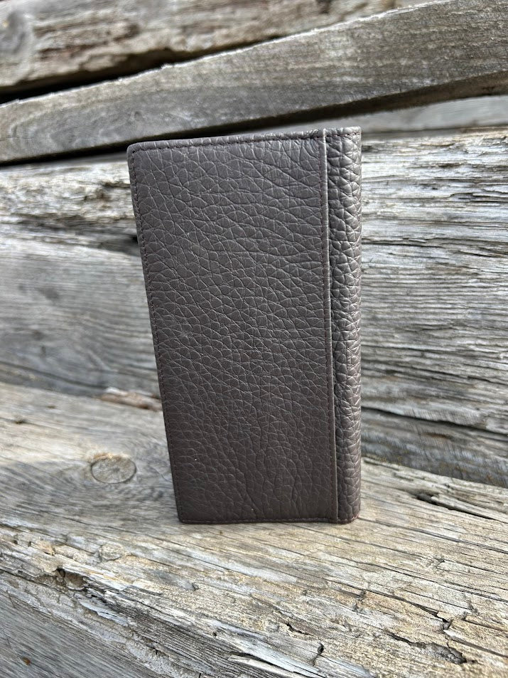 Coffee Brown pebbled leather tall wallet. Rear View