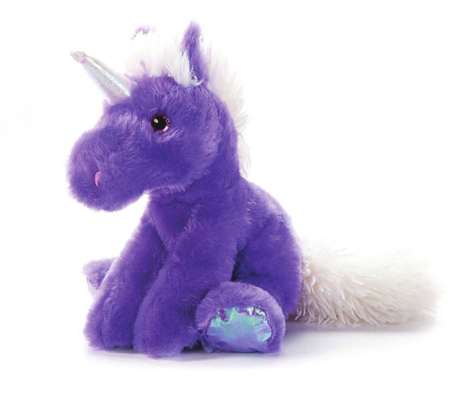 A purple plush unicorn toy with a white mane and tail, and a sparkly silver horn.