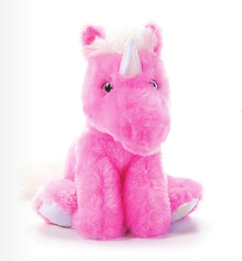 A pink plush unicorn toy with a white mane and tail, and a sparkly silver horn.