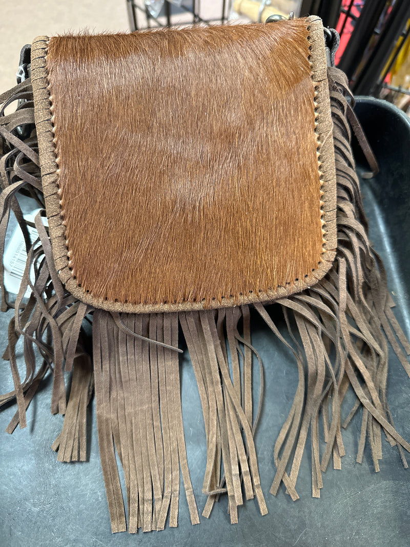 Top Notch Accessories 3020CF Coffee Hair On Tooled Leather Small Fringe Crossbody