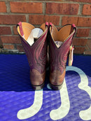 Women's Anderson Bean square toe boots with a Mad Cat Goat Skin vamp and a Glove Burgundy Goat Skin top. Rear View