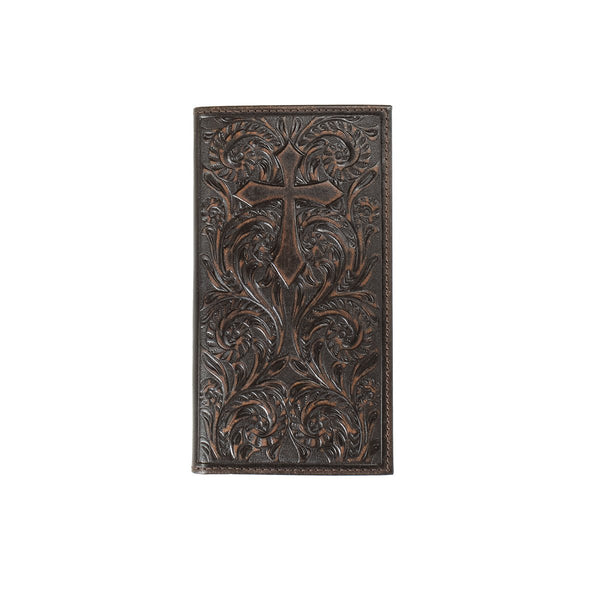 Nocona rodeo wallet in Medium Brown. This wallet features a embossed cross and scroll work pattern. 