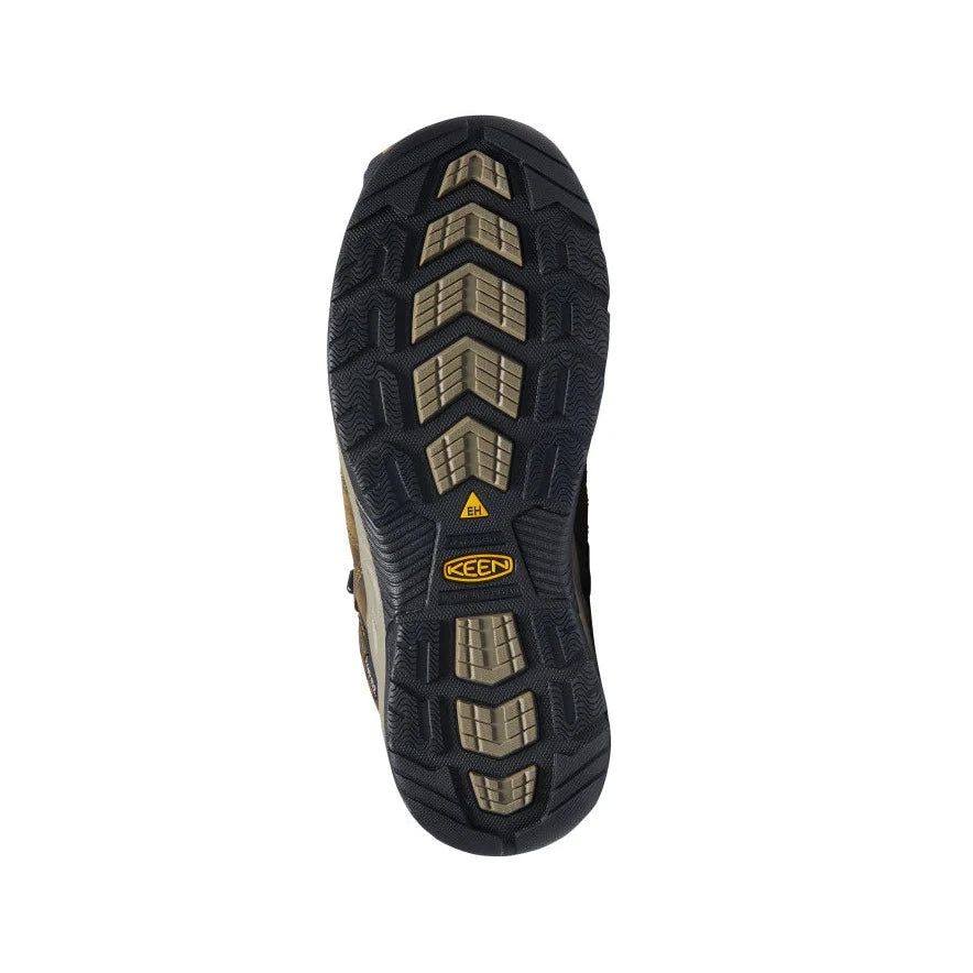 Men's Keen 6" Flint II Waterproof Mid boots in black olive and brindle colors, featuring a soft toe cap and a lace-up closure. Bottom view showing outsole. 