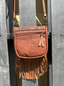 Top Notch Accessories 3018BR Brown Tooled Design Leather Small Fringe Crossbody
