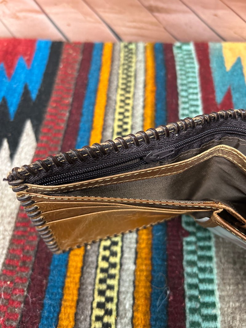 Top Notch Tan Embossed Rooster Design Leather Bifold Wallet with Whip Stitched Border