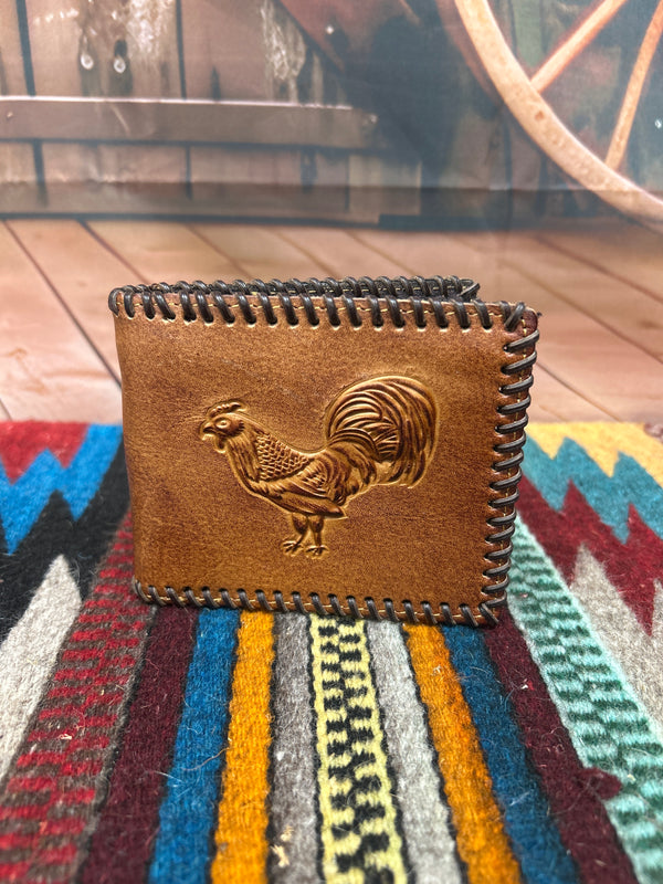 This Brown leather bifold wallet with embossed Rooster design by Top Notch 
Accessories features a whip stitched border.  Front view showing embossed Rooster design. 