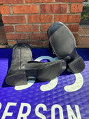 Men's Anderson Bean black tag goat skin boots with wide square toes. Bottom view showing black hybrid outsole.