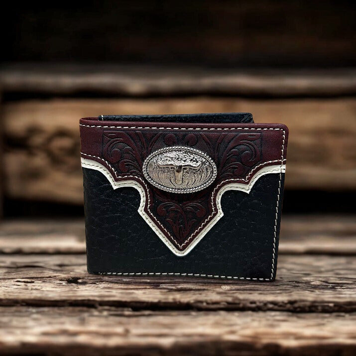 Black leather bifold wallet with Brown overlay and a Longhorn Concho. Front View