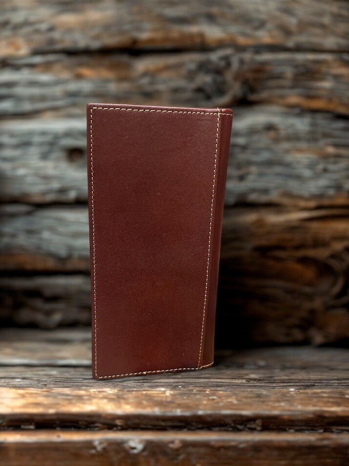 Tall leather wallet with a embossed Praying Cowboy design.  Rear View