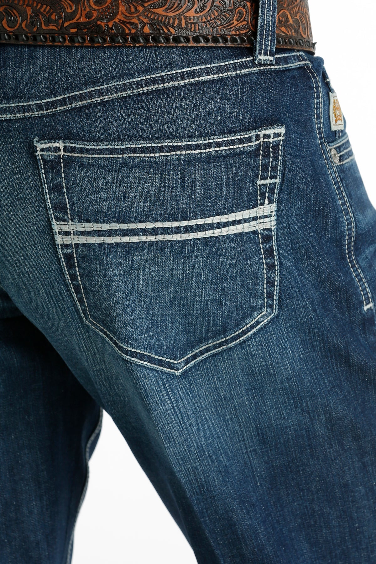Close-up of Carter 2.0 back right pocket with stitching detail.