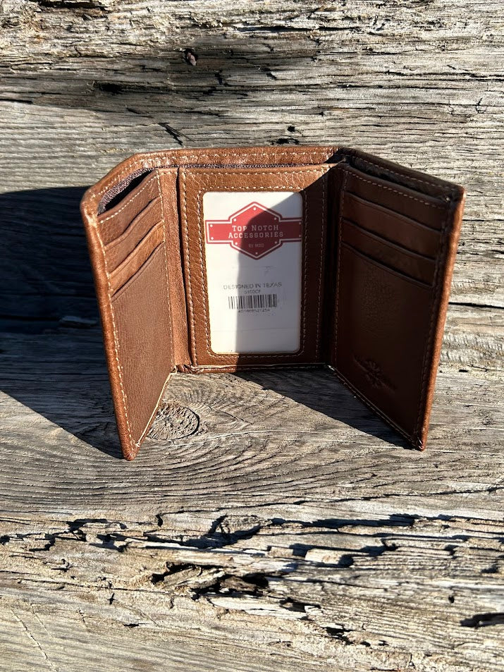 Top Notch Accessories Coffee Brown leather trifold wallet. Inside view showing multiple card slots and a ID window. 