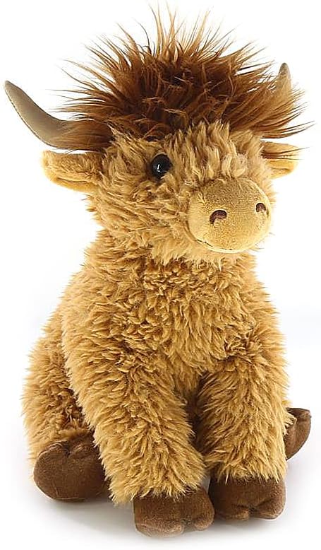 A plush toy resembling a Highland cow with a brown and beige coat, distinctively shaped horns, and a fluffy mane. Shown seated.