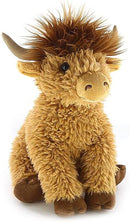 A plush toy resembling a Highland cow with a brown and beige coat, distinctively shaped horns, and a fluffy mane. Shown seated.